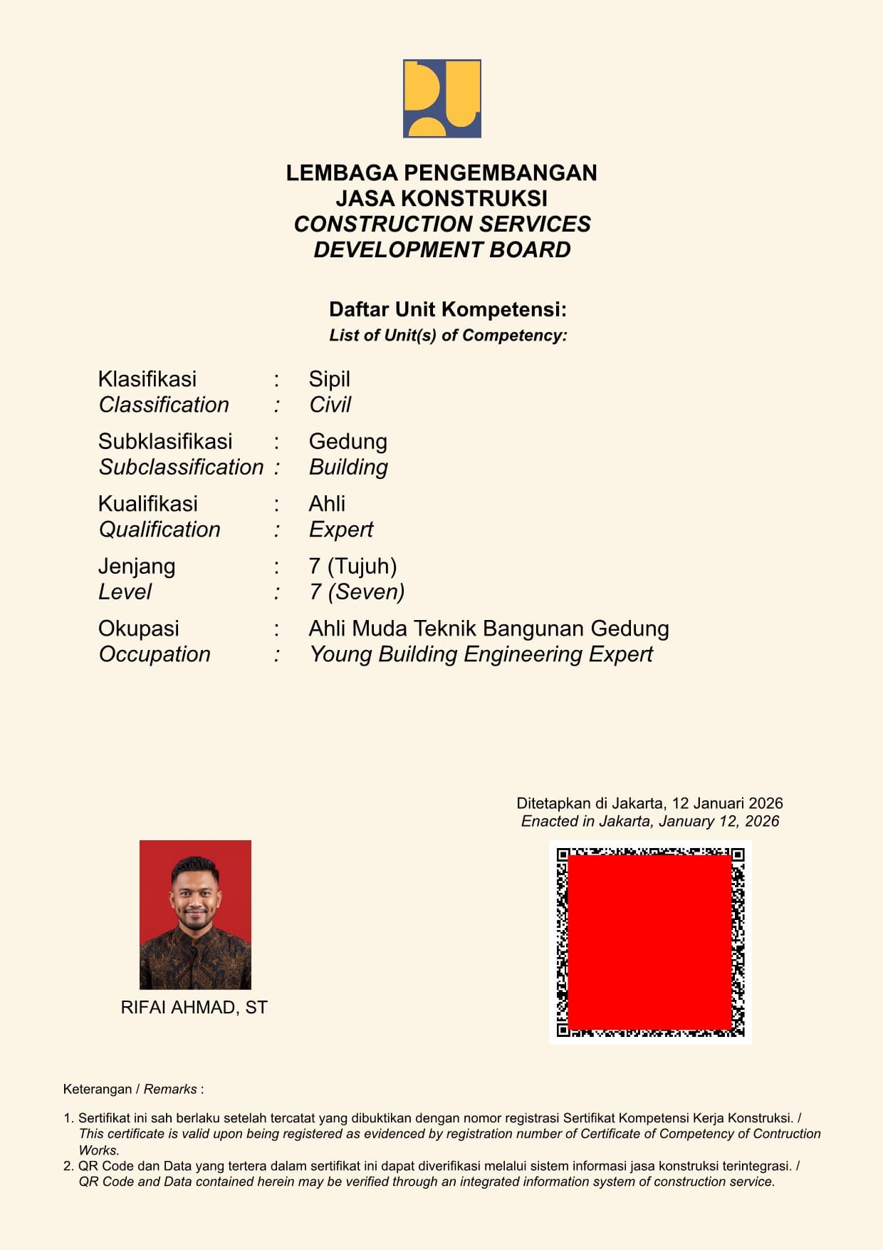 Contoh halaman belakang SKK dengan klasifikasi Sipil, subklasifikasi Gedung dan jenjang 7; sebagian QR ditutup pada gambar asli
