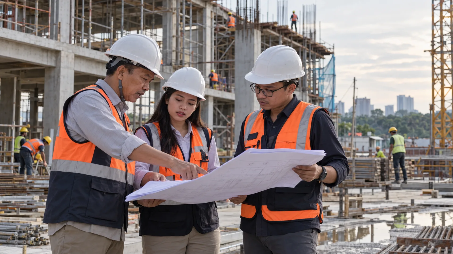 Tim teknis kontraktor melakukan pemeriksaan pekerjaan dan pemenuhan persyaratan pada proyek konstruksi di Indonesia.
