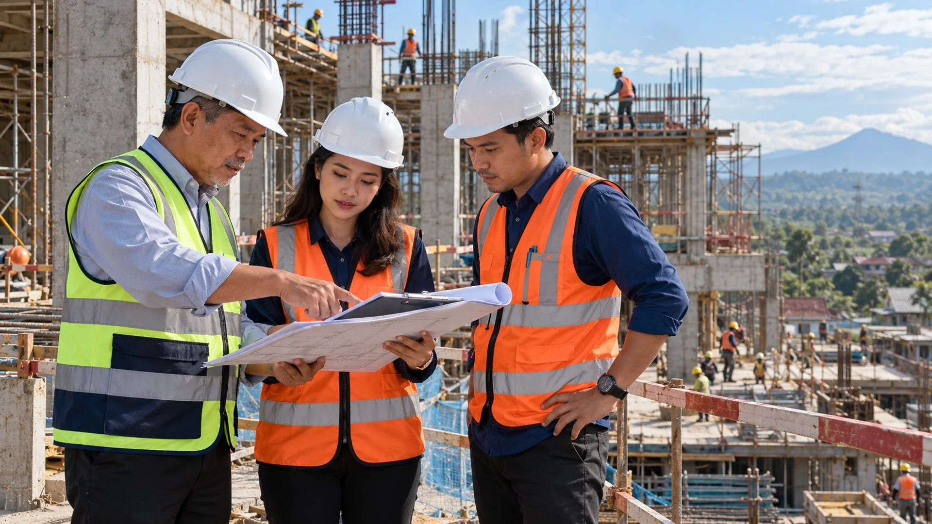 Konsultan pengawas konstruksi Indonesia melakukan pemeriksaan lapangan dan gambar pekerjaan pada proyek pembangunan gedung.