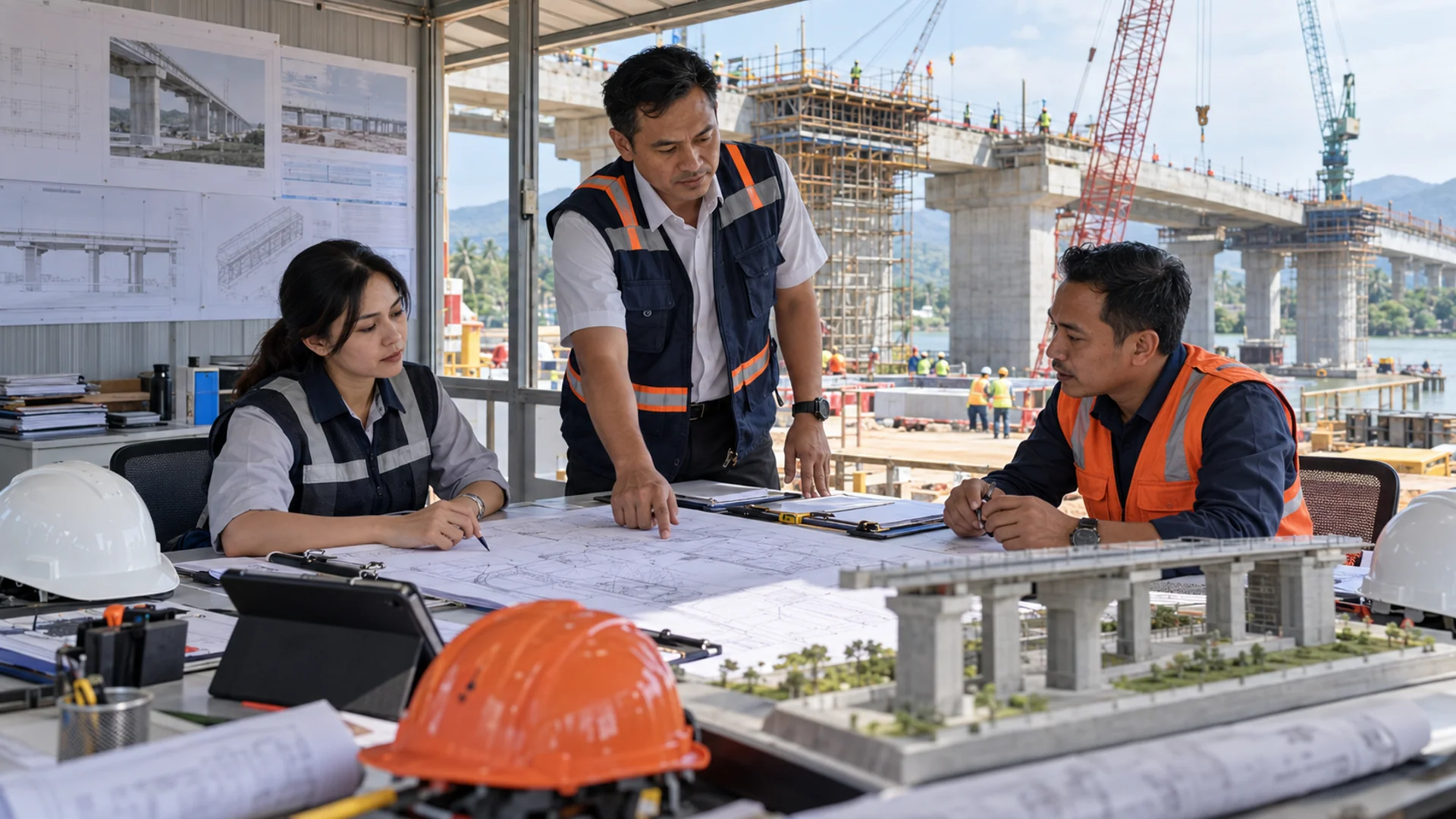 Perwakilan kontraktor dan konsultan konstruksi melakukan koordinasi teknis dalam pelaksanaan pekerjaan konstruksi terintegrasi.