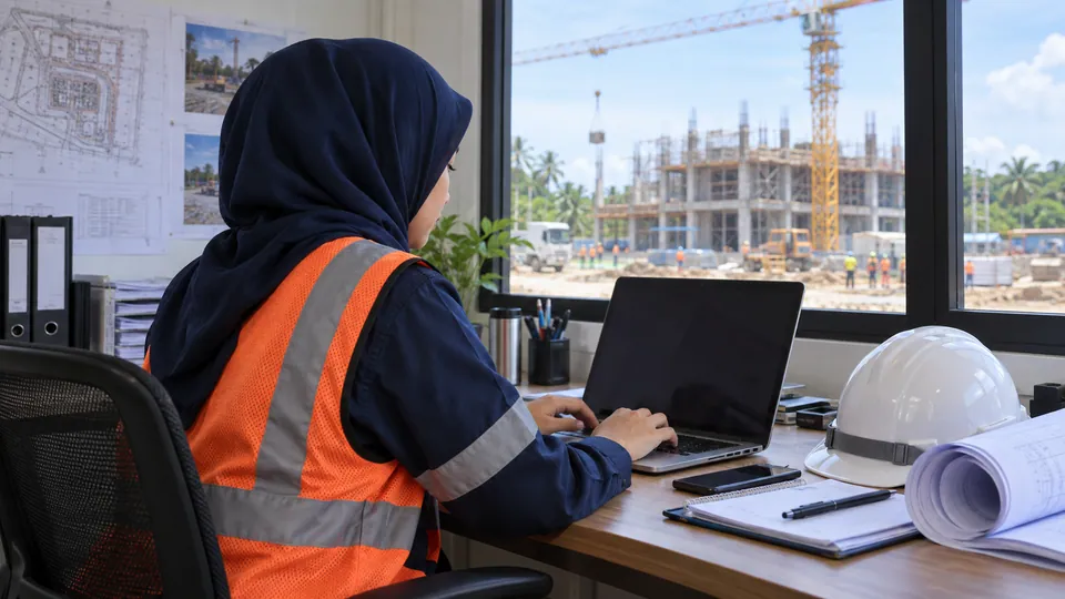 Tenaga konstruksi menyiapkan administrasi akun melalui laptop di kantor proyek
