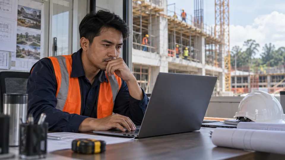 Tenaga konstruksi Indonesia memeriksa dokumen sertifikasi melalui laptop di kantor proyek