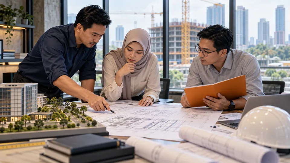 Tim perusahaan konstruksi membahas ruang lingkup pekerjaan dan rencana usaha