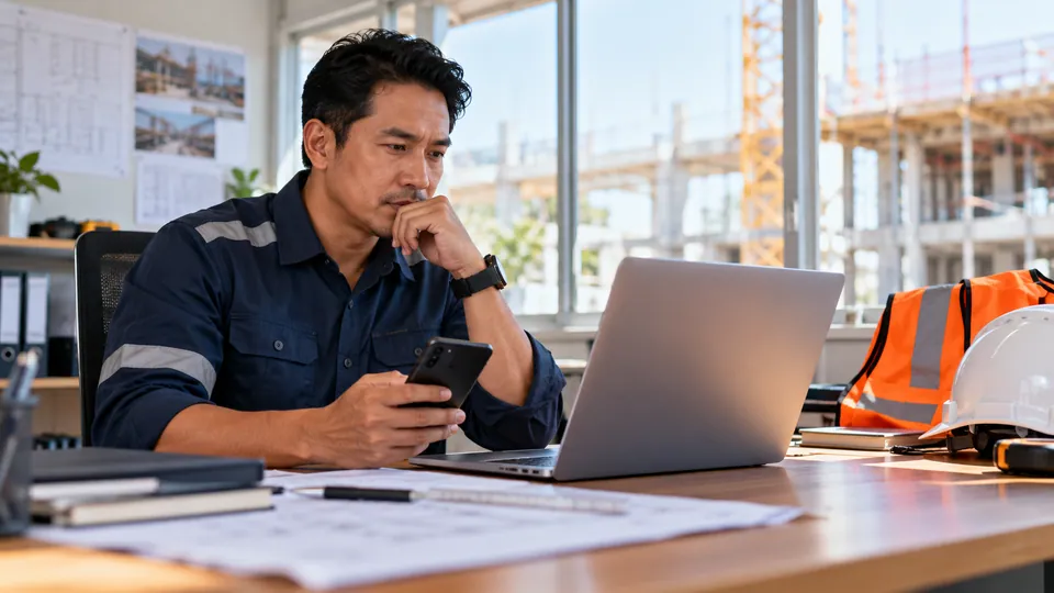 Tenaga konstruksi memeriksa akses akun dengan ponsel dan laptop