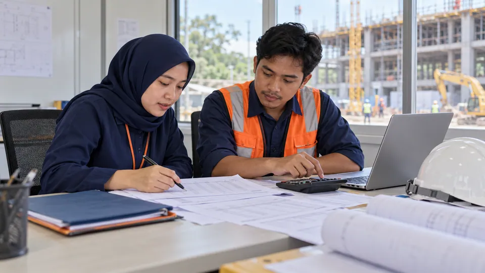 Staf perusahaan konstruksi meninjau catatan realisasi kegiatan dan keuangan proyek