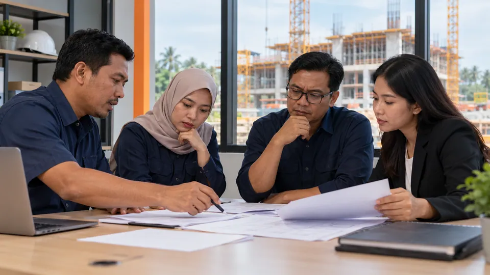 Tim perusahaan konstruksi membahas penerapan kepatuhan dan anti penyuapan
