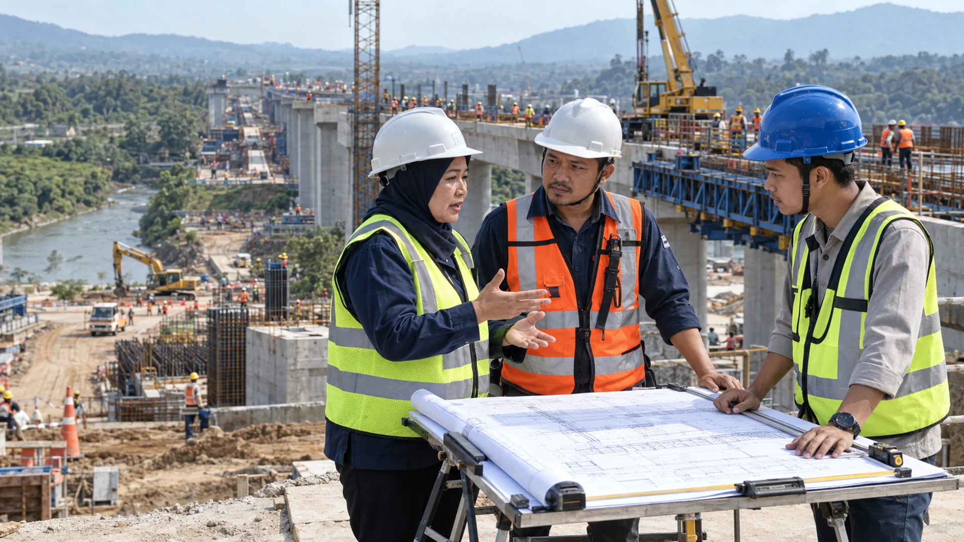 Penanggung jawab teknik dan tenaga ahli klasifikasi konstruksi melakukan koordinasi pekerjaan pada proyek infrastruktur.