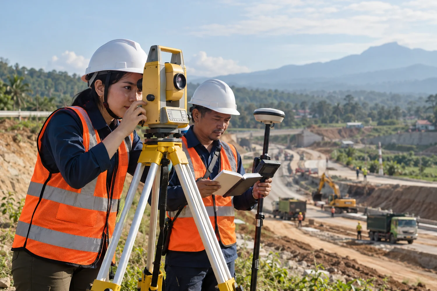 Tenaga survei konsultan konstruksi menggunakan total station dan GNSS untuk pekerjaan pengukuran lapangan sesuai kebutuhan proyek.