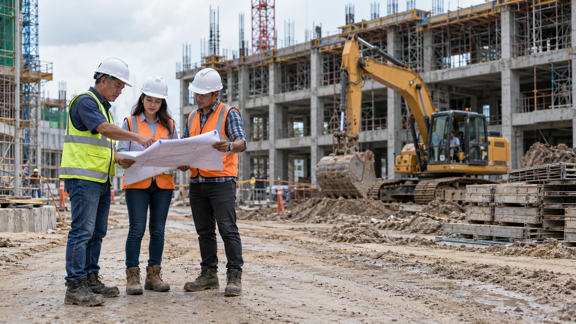 Tenaga teknis perusahaan kontraktor melakukan pemeriksaan pekerjaan dan peralatan pada proyek konstruksi di Indonesia.