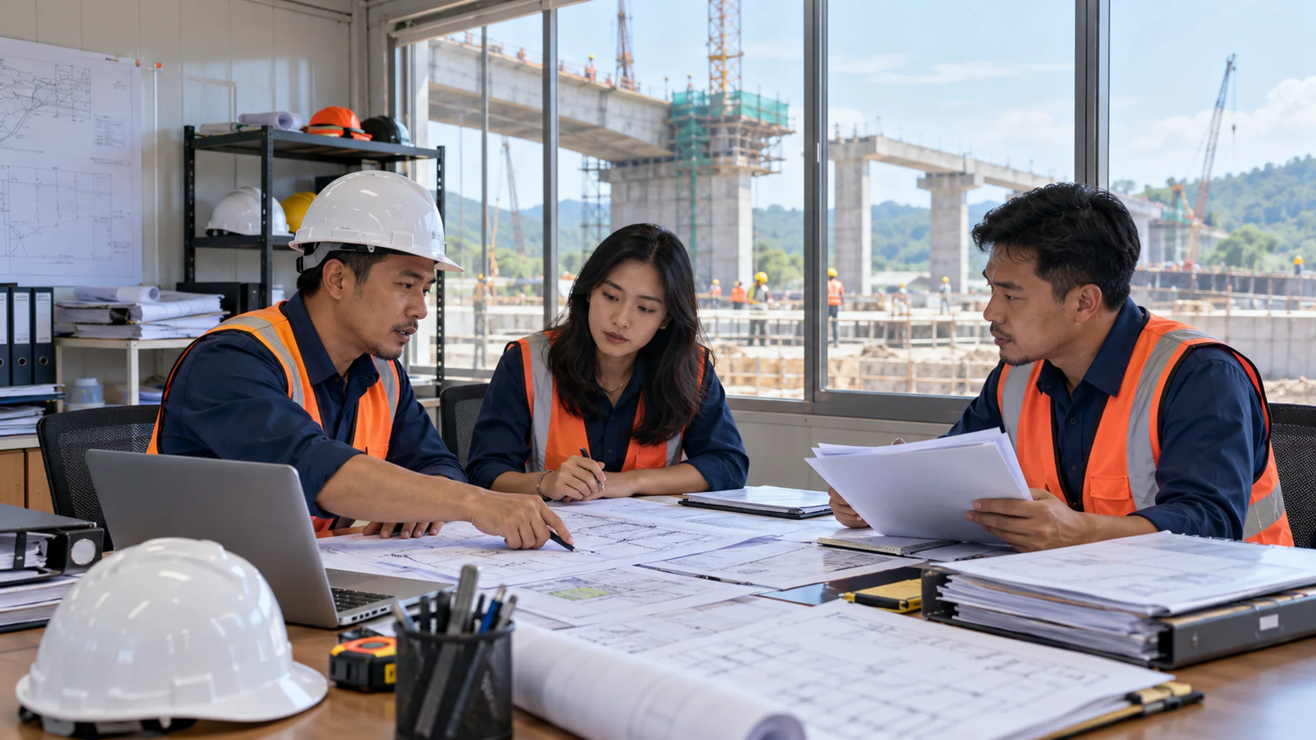 Tim perusahaan kontraktor Indonesia mempersiapkan dokumen tender dan memeriksa persyaratan pengadaan konstruksi.