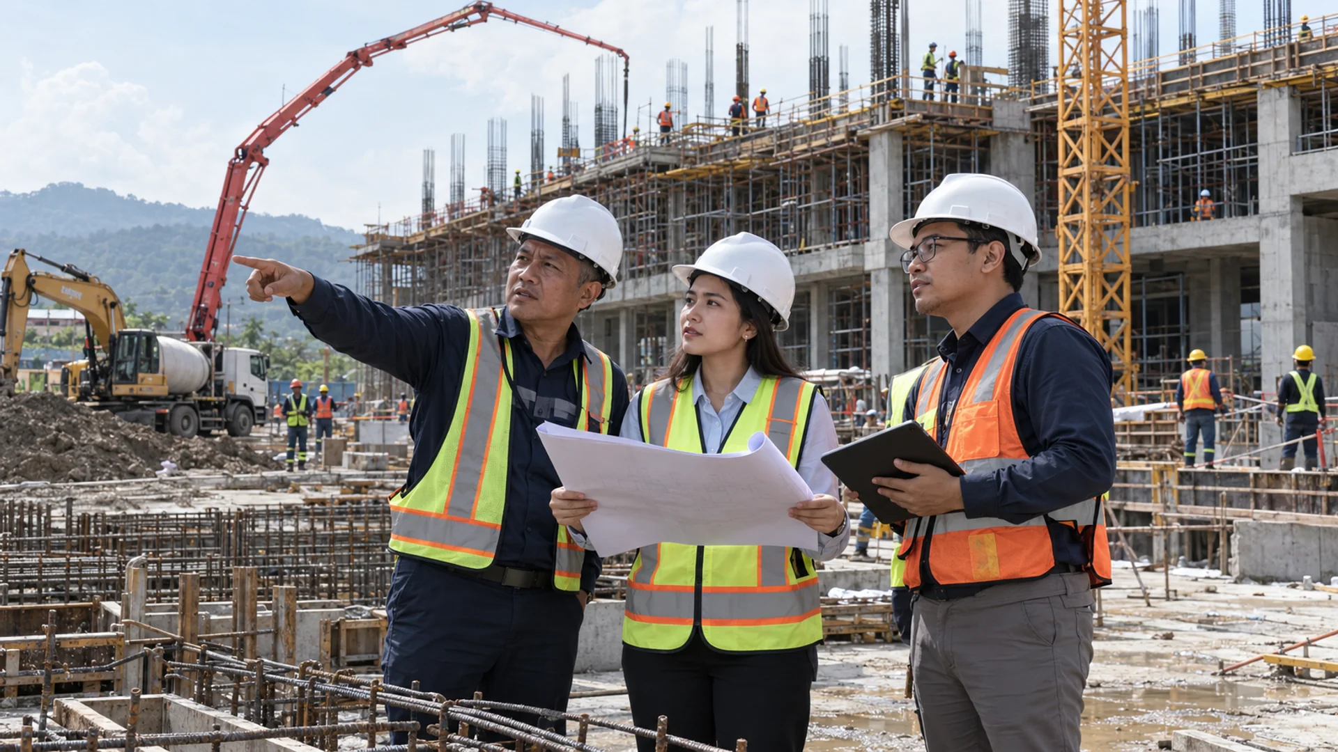 Tenaga teknis kontraktor Indonesia melakukan pemeriksaan kemampuan sumber daya dan peralatan konstruksi di lokasi proyek.