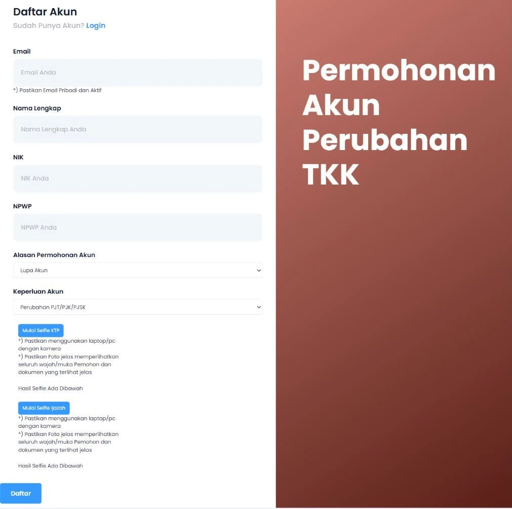Formulir publik permohonan akun Perubahan TKK dengan alasan dan keperluan pemulihan