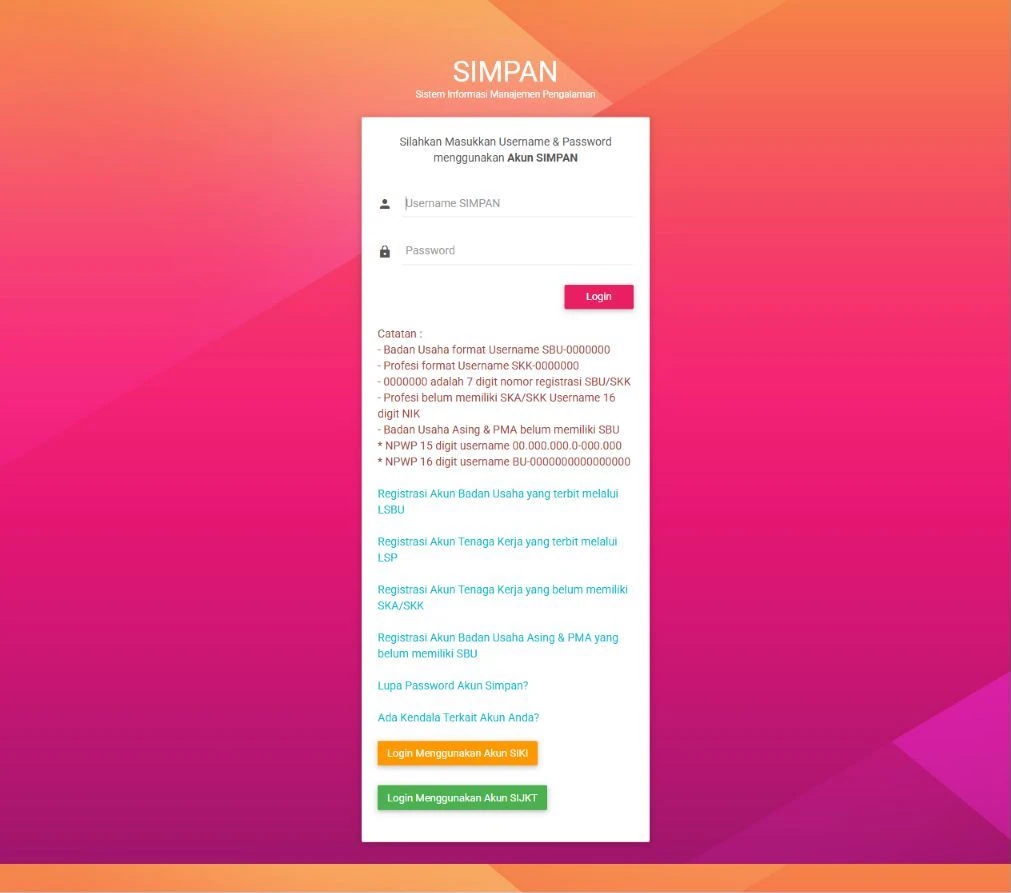 Halaman login E-SIMPAN dan pilihan pendaftaran badan usaha serta tenaga kerja
