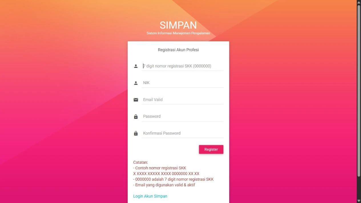 Formulir registrasi profesi SIMPAN dengan nomor registrasi SKK, NIK, email, dan kata sandi