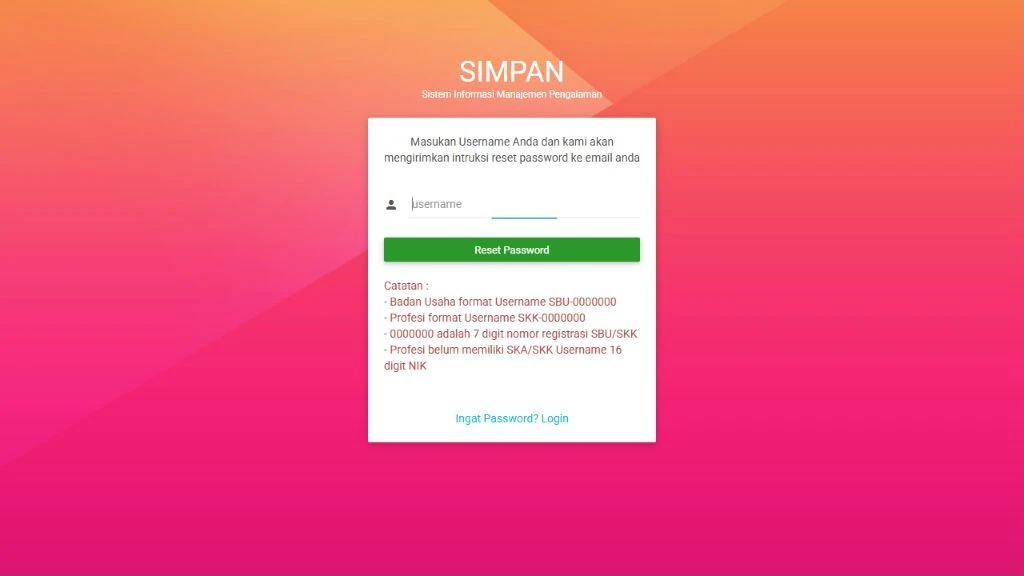 Form reset kata sandi E-SIMPAN menggunakan username