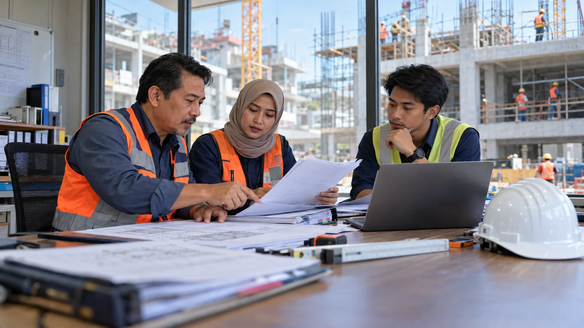 Tim kontraktor Indonesia meninjau dokumen tender dan kontrak pekerjaan yang berkaitan dengan penggunaan SBU lama.