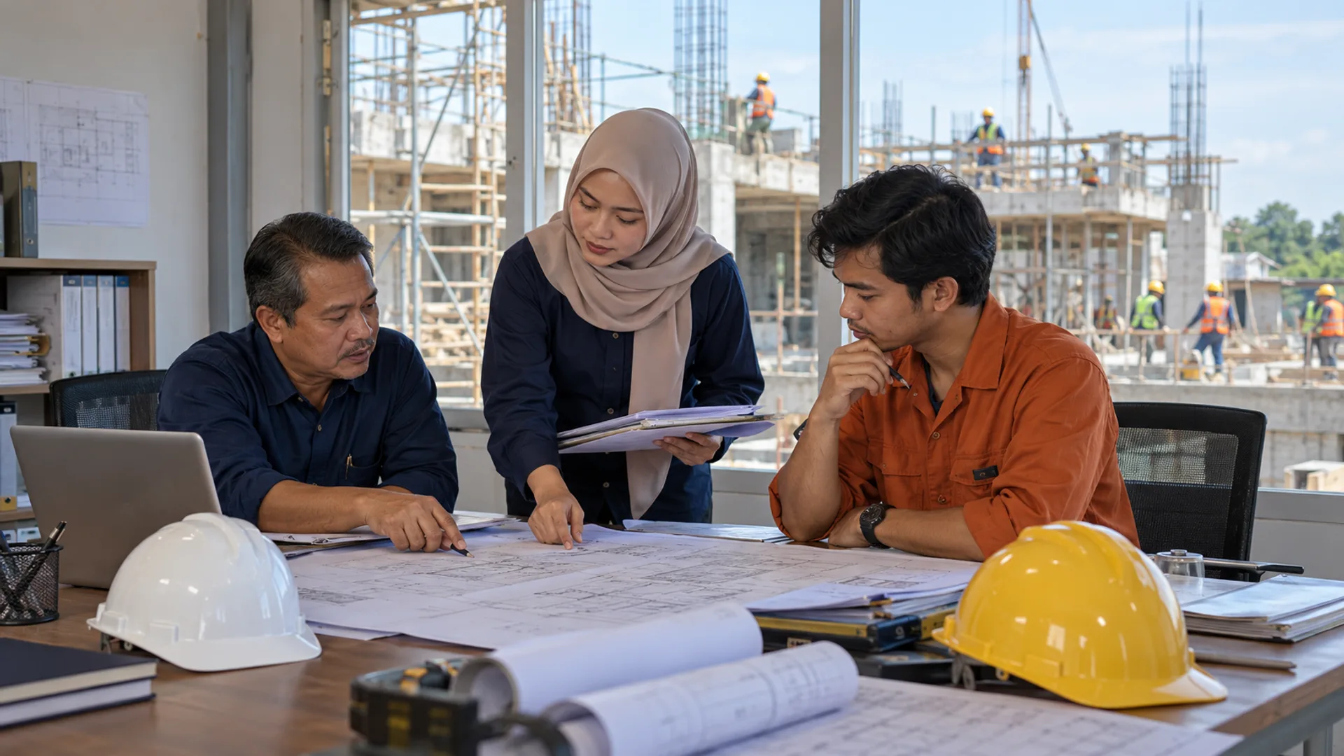 Tim kontraktor memeriksa dokumen sertifikasi dan kontrak pekerjaan konstruksi yang sedang berlangsung.
